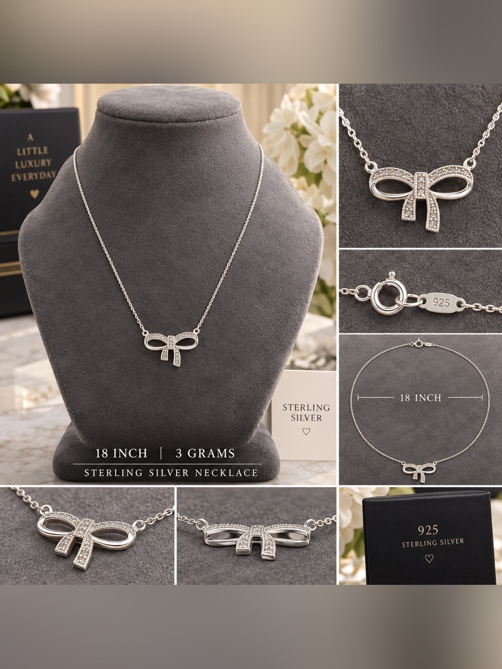 925 sterling silver bow tie stones necklace